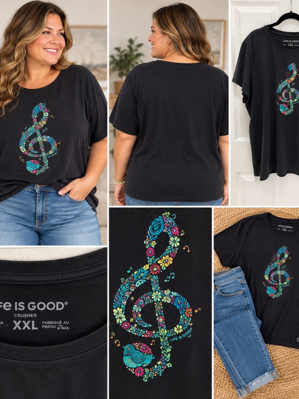 Life Is Good Black Short Sleeve Tee with Bright Floral Treble Clef